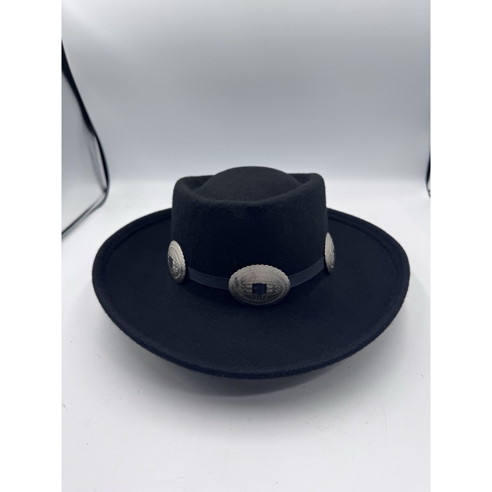 Black Cowboy Hat Wide Brim Belt With Silver Buckle Hat Band 100% Wool Felt